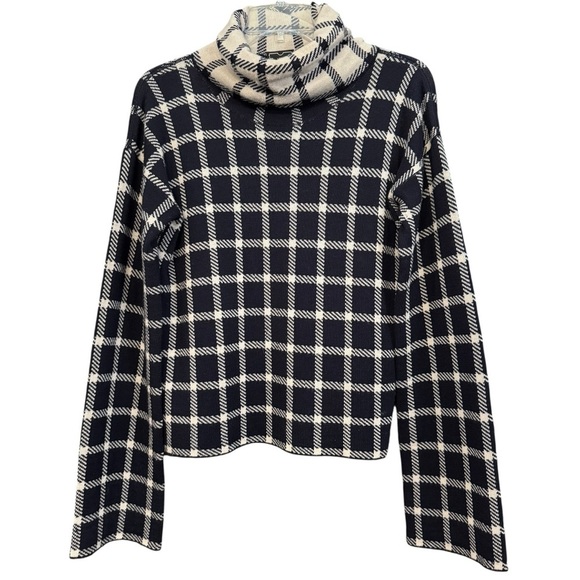 🖤 PDR Italy Wool Grid Turtleneck Sweater Navy Cream, Size 0 - Picture 1 of 8
